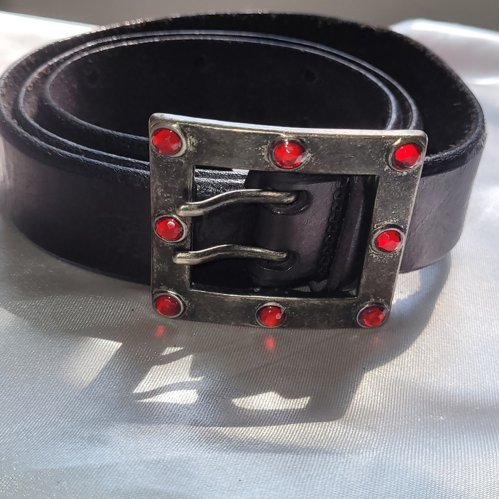 Guess Black Leather with Metal Buckle and Red Jeweled Details